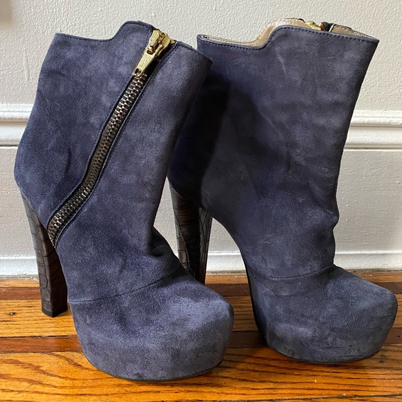 Jeremy Ho Blue Suede and Leather Platform Heel Booties - Picture 2 of 5